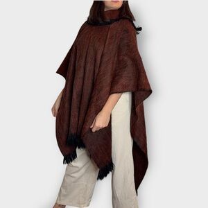 Vintage Red/Brown Alpaca Wool, Fringe Poncho From Ecuador